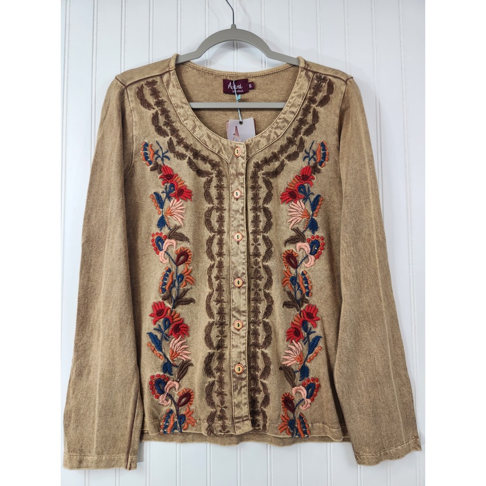 NEW Avani Del Amour Tan Washed Embroidered Floral Button Up Cardigan Size Small